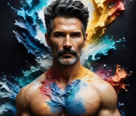 AI-generated abstract art of handsome men controlling swirling vortexes of colorful fluid and water in motion. Dynamic, surreal, vivid digital male art by Jeff Dupler.