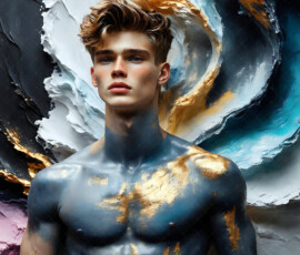 AI-generated abstract art of handsome men controlling swirling vortexes of colorful fluid and water in motion. Dynamic, surreal, vivid digital male art by Jeff Dupler.