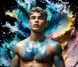 AI-generated abstract art of handsome men controlling swirling vortexes of colorful fluid and water in motion. Dynamic, surreal, vivid digital male art by Jeff Dupler.