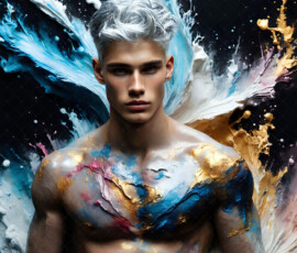 AI-generated abstract art of handsome men controlling swirling vortexes of colorful fluid and water in motion. Dynamic, surreal, vivid digital male art by Jeff Dupler.