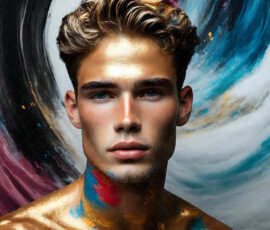 AI-generated abstract art of handsome men controlling swirling vortexes of colorful fluid and water in motion. Dynamic, surreal, vivid digital male art by Jeff Dupler.