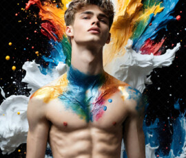 AI-generated abstract art of handsome men controlling swirling vortexes of colorful fluid and water in motion. Dynamic, surreal, vivid digital male art by Jeff Dupler.