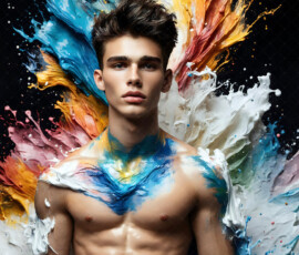 AI-generated abstract art of handsome men controlling swirling vortexes of colorful fluid and water in motion. Dynamic, surreal, vivid digital male art by Jeff Dupler.