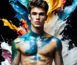 AI-generated abstract art of handsome men controlling swirling vortexes of colorful fluid and water in motion. Dynamic, surreal, vivid digital male art by Jeff Dupler.