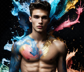 AI-generated abstract art of handsome men controlling swirling vortexes of colorful fluid and water in motion. Dynamic, surreal, vivid digital male art by Jeff Dupler.