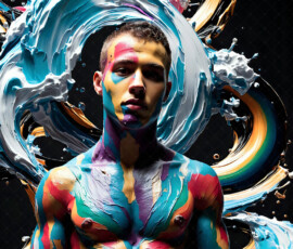 AI-generated abstract art of handsome men controlling swirling vortexes of colorful fluid and water in motion. Dynamic, surreal, vivid digital male art by Jeff Dupler.