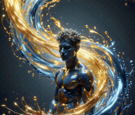 AI-generated abstract art of handsome men controlling swirling vortexes of colorful fluid and water in motion. Dynamic, surreal, vivid digital male art by Jeff Dupler.