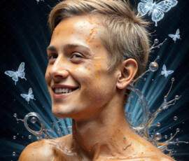 AI-generated abstract art of handsome men controlling swirling vortexes of colorful fluid and water in motion. Dynamic, surreal, vivid digital male art by Jeff Dupler.
