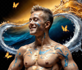 AI-generated abstract art of handsome men controlling swirling vortexes of colorful fluid and water in motion. Dynamic, surreal, vivid digital male art by Jeff Dupler.