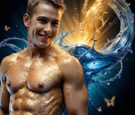 AI-generated abstract art of handsome men controlling swirling vortexes of colorful fluid and water in motion. Dynamic, surreal, vivid digital male art by Jeff Dupler.
