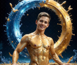 AI-generated abstract art of handsome men controlling swirling vortexes of colorful fluid and water in motion. Dynamic, surreal, vivid digital male art by Jeff Dupler.
