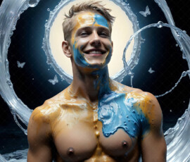 AI-generated abstract art of handsome men controlling swirling vortexes of colorful fluid and water in motion. Dynamic, surreal, vivid digital male art by Jeff Dupler.