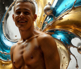 AI-generated abstract art of handsome men controlling swirling vortexes of colorful fluid and water in motion. Dynamic, surreal, vivid digital male art by Jeff Dupler.