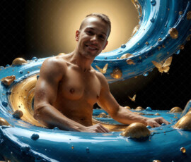 AI-generated abstract art of handsome men controlling swirling vortexes of colorful fluid and water in motion. Dynamic, surreal, vivid digital male art by Jeff Dupler.