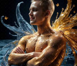 AI-generated abstract art of handsome men controlling swirling vortexes of colorful fluid and water in motion. Dynamic, surreal, vivid digital male art by Jeff Dupler.