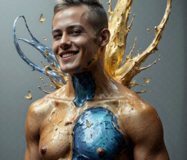 AI-generated abstract art of handsome men controlling swirling vortexes of colorful fluid and water in motion. Dynamic, surreal, vivid digital male art by Jeff Dupler.