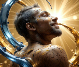 AI-generated abstract art of handsome men controlling swirling vortexes of colorful fluid and water in motion. Dynamic, surreal, vivid digital male art by Jeff Dupler.