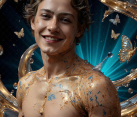 AI-generated abstract art of handsome men controlling swirling vortexes of colorful fluid and water in motion. Dynamic, surreal, vivid digital male art by Jeff Dupler.