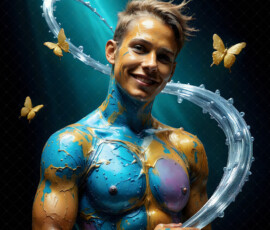 AI-generated abstract art of handsome men controlling swirling vortexes of colorful fluid and water in motion. Dynamic, surreal, vivid digital male art by Jeff Dupler.