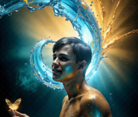 AI-generated abstract art of handsome men controlling swirling vortexes of colorful fluid and water in motion. Dynamic, surreal, vivid digital male art by Jeff Dupler.