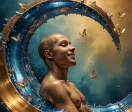 AI-generated abstract art of handsome men controlling swirling vortexes of colorful fluid and water in motion. Dynamic, surreal, vivid digital male art by Jeff Dupler.