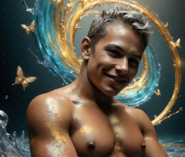 AI-generated abstract art of handsome men controlling swirling vortexes of colorful fluid and water in motion. Dynamic, surreal, vivid digital male art by Jeff Dupler.