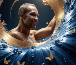 AI-generated abstract art of handsome men controlling swirling vortexes of colorful fluid and water in motion. Dynamic, surreal, vivid digital male art by Jeff Dupler.