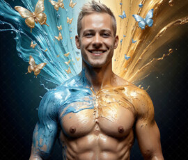 AI-generated abstract art of handsome men controlling swirling vortexes of colorful fluid and water in motion. Dynamic, surreal, vivid digital male art by Jeff Dupler.