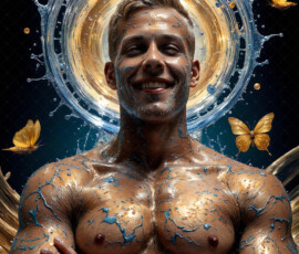 AI-generated abstract art of handsome men controlling swirling vortexes of colorful fluid and water in motion. Dynamic, surreal, vivid digital male art by Jeff Dupler.