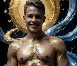 AI-generated abstract art of handsome men controlling swirling vortexes of colorful fluid and water in motion. Dynamic, surreal, vivid digital male art by Jeff Dupler.