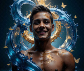 AI-generated abstract art of handsome men controlling swirling vortexes of colorful fluid and water in motion. Dynamic, surreal, vivid digital male art by Jeff Dupler.