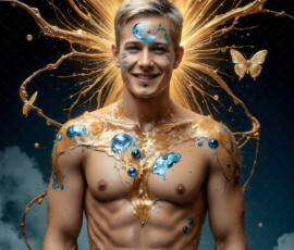 AI-generated abstract art of handsome men controlling swirling vortexes of colorful fluid and water in motion. Dynamic, surreal, vivid digital male art by Jeff Dupler.