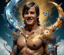 AI-generated abstract art of handsome men controlling swirling vortexes of colorful fluid and water in motion. Dynamic, surreal, vivid digital male art by Jeff Dupler.