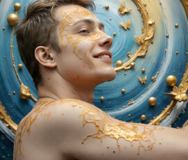 AI-generated abstract art of handsome men controlling swirling vortexes of colorful fluid and water in motion. Dynamic, surreal, vivid digital male art by Jeff Dupler.