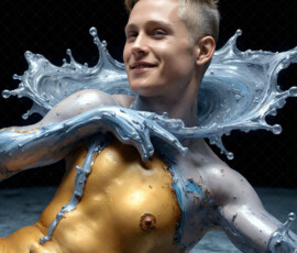 AI-generated abstract art of handsome men controlling swirling vortexes of colorful fluid and water in motion. Dynamic, surreal, vivid digital male art by Jeff Dupler.
