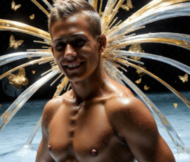 AI-generated abstract art of handsome men controlling swirling vortexes of colorful fluid and water in motion. Dynamic, surreal, vivid digital male art by Jeff Dupler.
