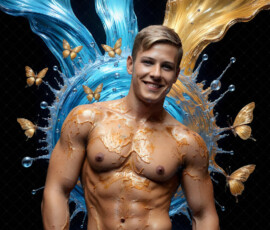 AI-generated abstract art of handsome men controlling swirling vortexes of colorful fluid and water in motion. Dynamic, surreal, vivid digital male art by Jeff Dupler.