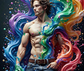 AI-generated abstract art of handsome men controlling swirling vortexes of colorful fluid and water in motion. Dynamic, surreal, vivid digital male art by Jeff Dupler.