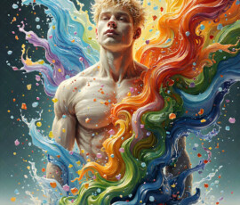 AI-generated abstract art of handsome men controlling swirling vortexes of colorful fluid and water in motion. Dynamic, surreal, vivid digital male art by Jeff Dupler.