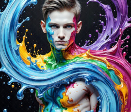 AI-generated abstract art of handsome men controlling swirling vortexes of colorful fluid and water in motion. Dynamic, surreal, vivid digital male art by Jeff Dupler.