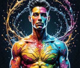 AI-generated abstract art of handsome men controlling swirling vortexes of colorful fluid and water in motion. Dynamic, surreal, vivid digital male art by Jeff Dupler.