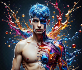 AI-generated abstract art of handsome men controlling swirling vortexes of colorful fluid and water in motion. Dynamic, surreal, vivid digital male art by Jeff Dupler.