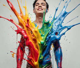AI-generated abstract art of handsome men controlling swirling vortexes of colorful fluid and water in motion. Dynamic, surreal, vivid digital male art by Jeff Dupler.