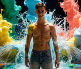 AI-generated abstract art of handsome men controlling swirling vortexes of colorful fluid and water in motion. Dynamic, surreal, vivid digital male art by Jeff Dupler.
