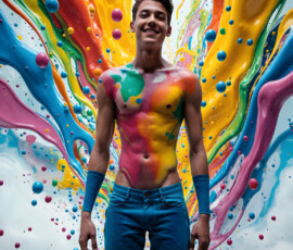 AI-generated abstract art of handsome men controlling swirling vortexes of colorful fluid and water in motion. Dynamic, surreal, vivid digital male art by Jeff Dupler.