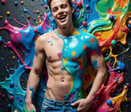AI-generated abstract art of handsome men controlling swirling vortexes of colorful fluid and water in motion. Dynamic, surreal, vivid digital male art by Jeff Dupler.