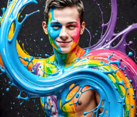 AI-generated abstract art of handsome men controlling swirling vortexes of colorful fluid and water in motion. Dynamic, surreal, vivid digital male art by Jeff Dupler.