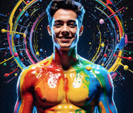 AI-generated abstract art of handsome men controlling swirling vortexes of colorful fluid and water in motion. Dynamic, surreal, vivid digital male art by Jeff Dupler.