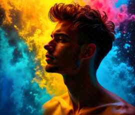 AI-generated abstract art of handsome men controlling swirling vortexes of colorful fluid and water in motion. Dynamic, surreal, vivid digital male art by Jeff Dupler.