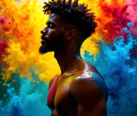 AI-generated abstract art of handsome men controlling swirling vortexes of colorful fluid and water in motion. Dynamic, surreal, vivid digital male art by Jeff Dupler.